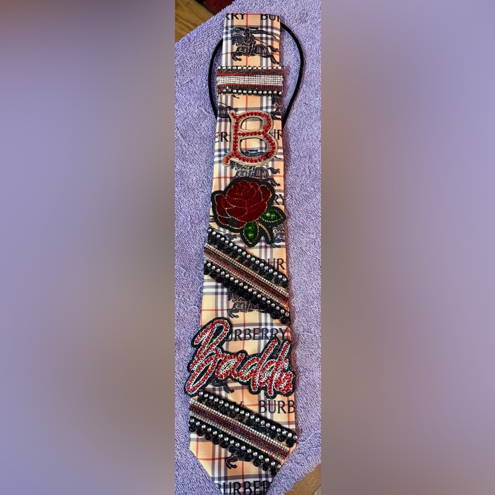 BB inspired Plaid Tie-with Embroidered Rose and bling
